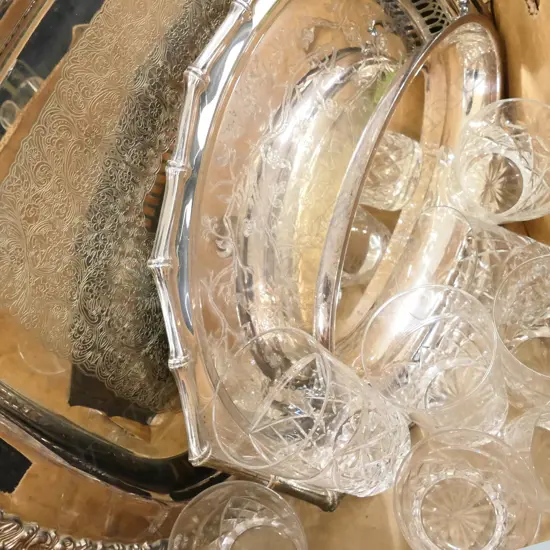 BOX LOT EP TRAYS, CRYSTAL TUMBLERS, PR CANDLE STICKS