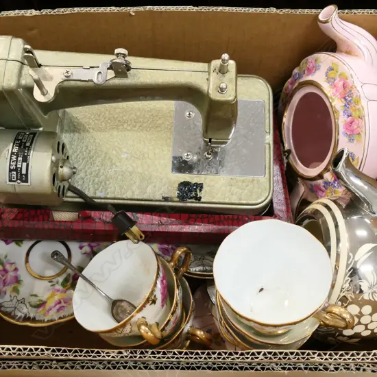 BOX LOT TEA POTS, SML CASED SEWING MACHINE ETC