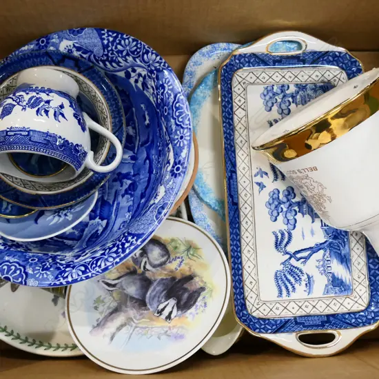 BOX ASST CHINA, BLUE WILLOW, ETC..