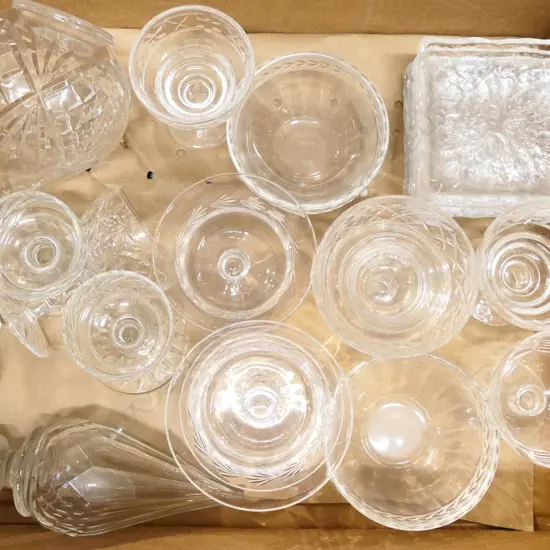 BOX LOT ASST GLASS & CRYSTAL INCL DECANTER, DISHES, VERY LG OLD BOTTLE STOPPER ETC..