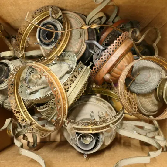 BOX LOT ASST. ANTIQUE SUSPENDING CEILING LAMP PARTS