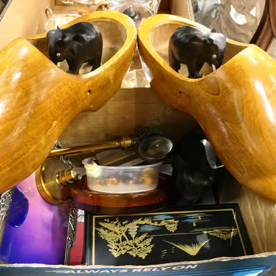 BOX MISC INCL 3 CARVED ELEPHANTS, MUSIC BOX, PIN BADGES, LG PR WOODEN CLOGS ETC..