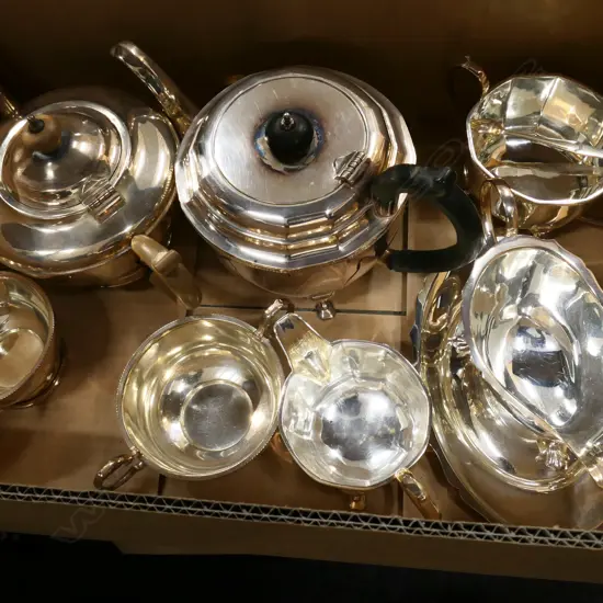 BOX SILVER PLATE; TEAPOTS, JUGS, BOWLS 