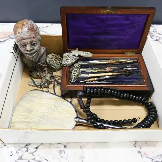 BOX LOT MECHANICAL DRAWING KIT, CARVED STONE PCES, HAND MIRROR ETC