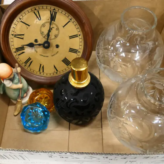 BOX ASST INCL WALL CLOCK, GLASS LIGHT SHADES, HUMMEL FIGURE, SCENT BOTTLE ETC..