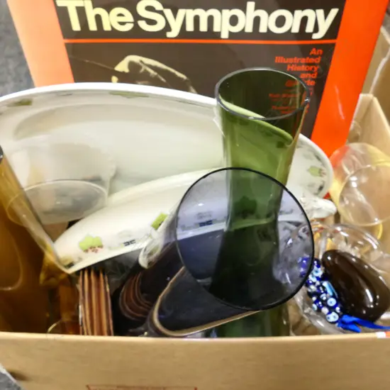 BOX LOT; 3 TALL GLASS VASES, TUREEN, 2 BOOKS, COINS, POLISHED STONE ETC