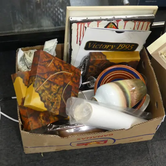 BOX LOT ASST.; SML CRYSTAL GLASSES, ART, HANDPAINTED VASE ETC