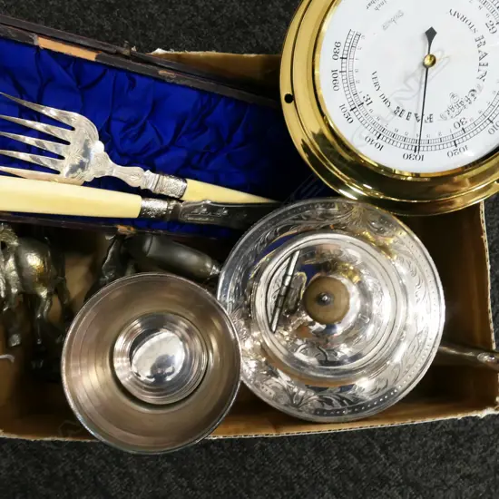 BOX MISC INCL BAROMETER, FISH SERVERS, COCKTAIL SHAKER, HORSE ORNAMENTS ETC..