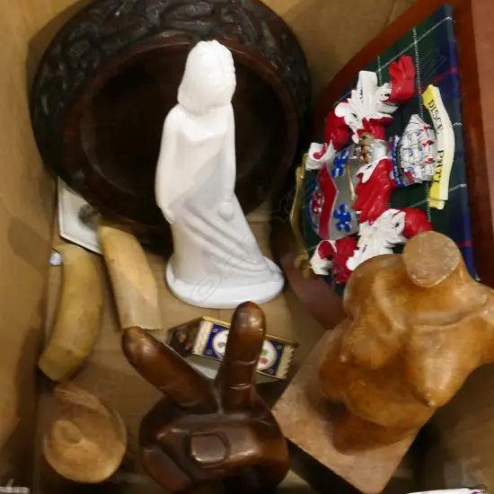BOX MISC INCL WOODEN CARVED ITEMS, HORNS ETC..