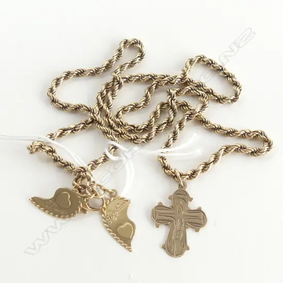 9CT GOLD ROPE TWIST NECKLACE W CROSS & WINGS 8.7gms