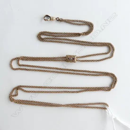 GOLD PLATE CHAIN MUFF CHAIN w. GARNET & SEED PEARL SLIDE