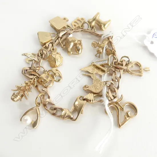 9ct YELLOW GOLD CHARM BRACELET charms incl. kiwis dog turtle etc 32.8gms