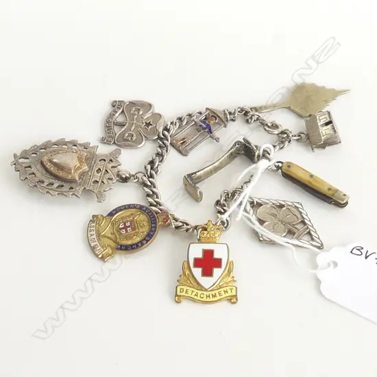 VINTAGE CHARM BRACELET WITH OLD MEDALLIONS & CHARMS, SOME STG SILVER 