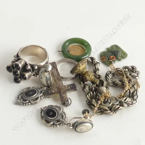 ASST. JEWELLERY; PR 800 SILVER EARRINGS, GREENSTONE TIKI ON GOLD? CHAIN, FOB