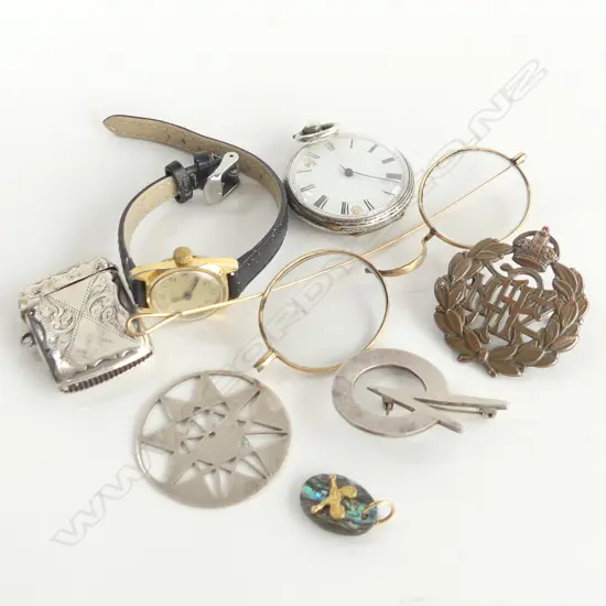 SILVER POCKET WATCH & 2 BROOCHES & VESTA + NZ BADGE + WATCH ETC some faults