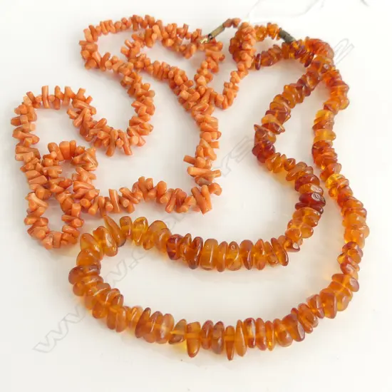 VINTAGE MEDITTERANEAN CORAL NECKLACE + AMBER NECKLACE