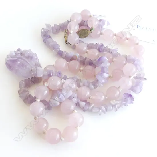 2 PINK GEMSTONE NECKLACES; ROSE QUARTZ & AMETHYST