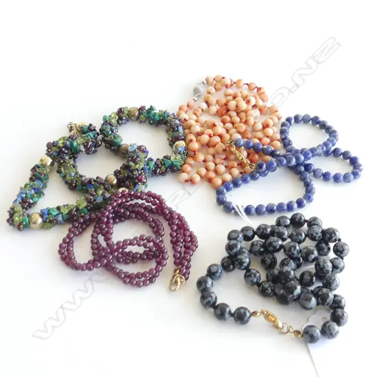 5 GEMSTONE BEAD NECKLACES; GARNET, SNOWFLAKE OBSIDIAN ETC