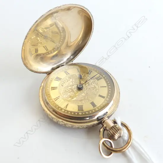 9CT GOLD HUNTER FOB WATCH, WORKING 22.7GMS 