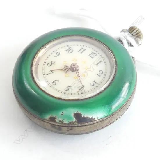 VINTAGE GREEN ENAMELLED FOB WATCH, REPORTELY RUNNING  (WEAR TO ENAMEL IN ONE AREA) 
