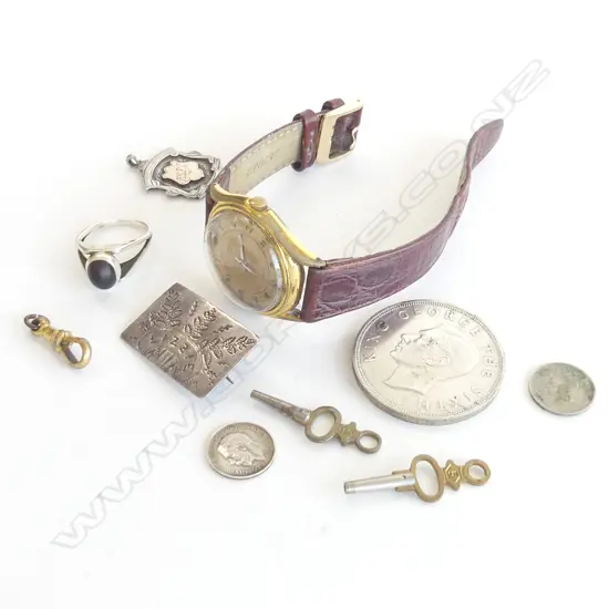 NZ SILVER BROOCH + FOB + RING COINS WATCH ETC