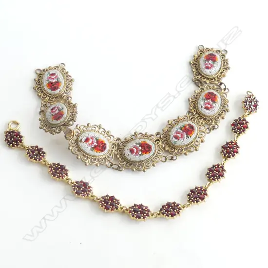 2 BRACELETS; 1 ITALIAN MOSAIC & 1 ROLLED GOLD WITH RED GLASS , 35.8GMS