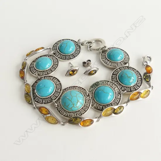 SILVER (AMBER LOOK ALIKE) BRACELET & EARRINGS + OTHER BRACELET