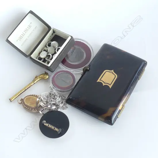 4 STG NECKLACES, 2 ROMAN? COINS, 9CT TORTOISESHELL CASE ETC