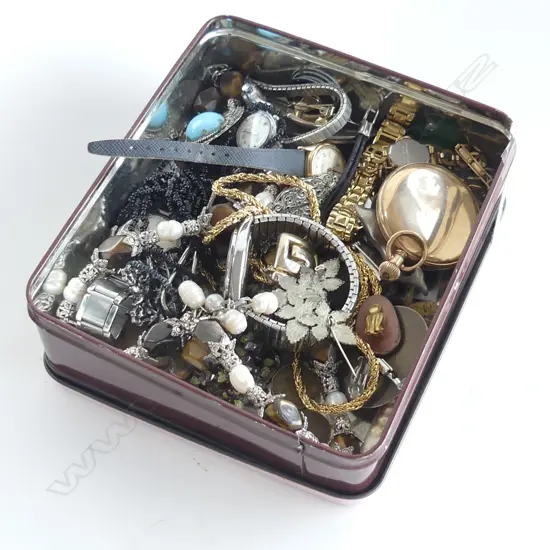 BOX LOT ASST. COSTUME JEWELLERY INCL. GP POCKETWATCH