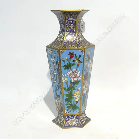QUALITY OLD CLOISONNE CHERRY BLOSSOM HEXAGONAL VASE H. 310MM