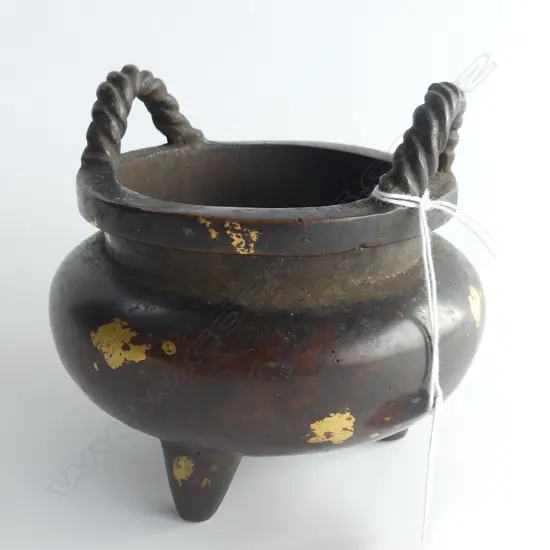 OLD CHINESE BRONZE INCENSE BURNER ROPE TYPE HANDLES GOLD HIGHLIGHTS Dia.130mm