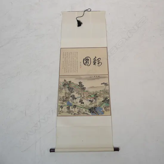 CHINESE SCROLL w. BUILDINGS IN LANDSCAPE 415x515mm image size L.1600mm