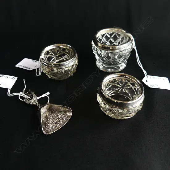 3 STG SILVER RIMMED CUT GLASS DISHES INCL 2 SALTS 