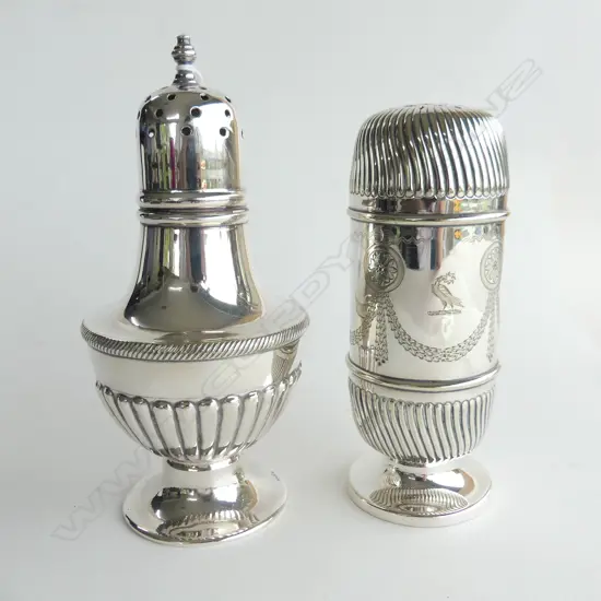 TWO SILVER PLATE SUGAR CASTORS (H. 150 & 185MM)