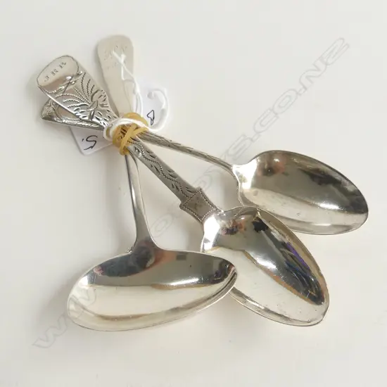 2 ENGRAVED VICTORIAN SILVER TEASPOONS + SILVER POURING SPOON 50gms