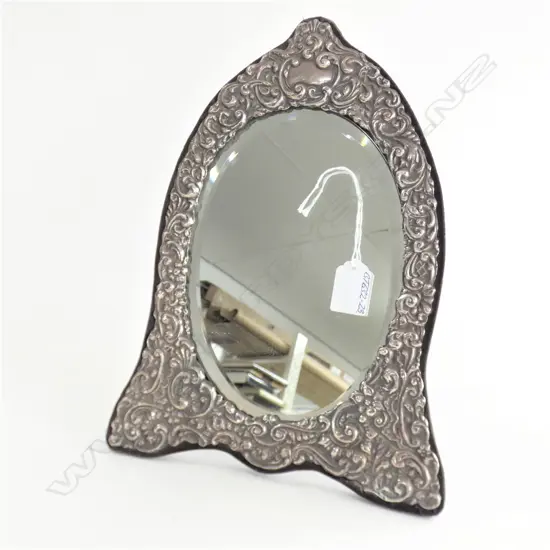 LGE EMBOSSED SILVER FRAMED OVAL MIRROR STRUT BACK H.325mm