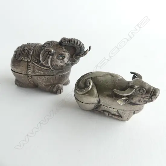 2 OLD ANIMAL FORM SILVER BOXES: OX & ELEPHANT INDIAN ?
