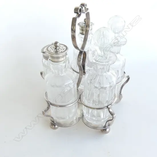 VICTORIAN SILVER PLATED & CUT GLASS 5 PC CRUET SET, JAMES DIXON SHEFFIELD 