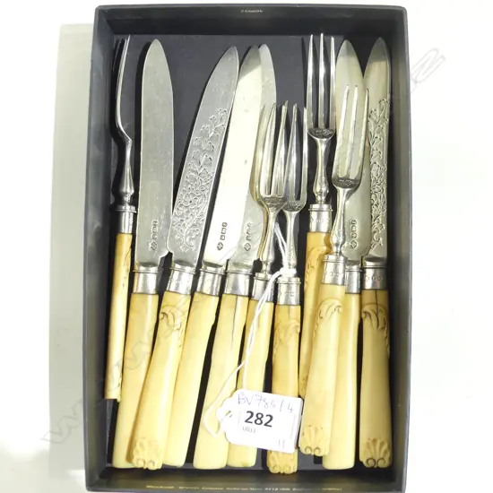 11 PCE STG & IVORINE FRUIT SET; 5 FORKS, 6 KNIVES SHEFFIELD 1897