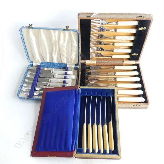 3 SETS OF BOXED CUTLERY. ONE 6 PLACE FISH SET, A FAUX MOP 6 KNIFE SET AND  6 KNIVES IN FAUX BOOK BOX  ' ETERNAL LUSTRE '