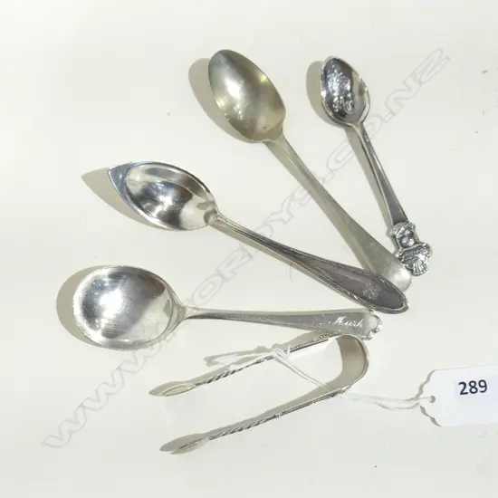 SILVER TEASPOONS + SMALL SUGAR TONGS + EP ROLEX TEASPOON