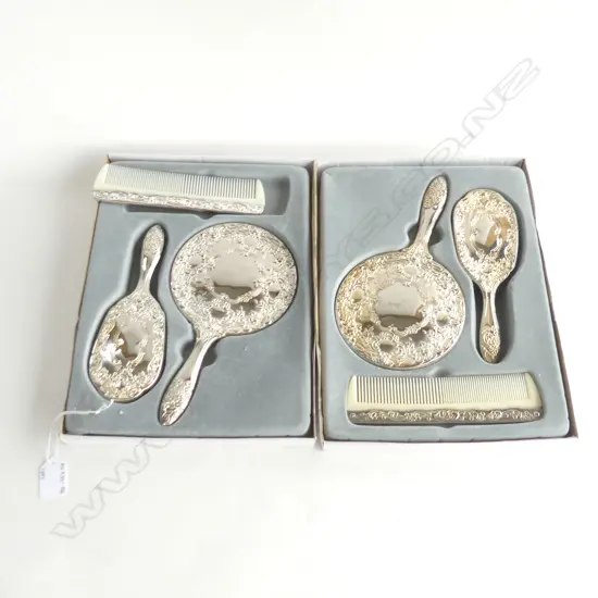 2 SILVER PLATE 3 PC DRESSING TABLE SETS; HAND MIRROR, HAIR BRUSH & COMB (IN BOXES WITH NO LIDS)