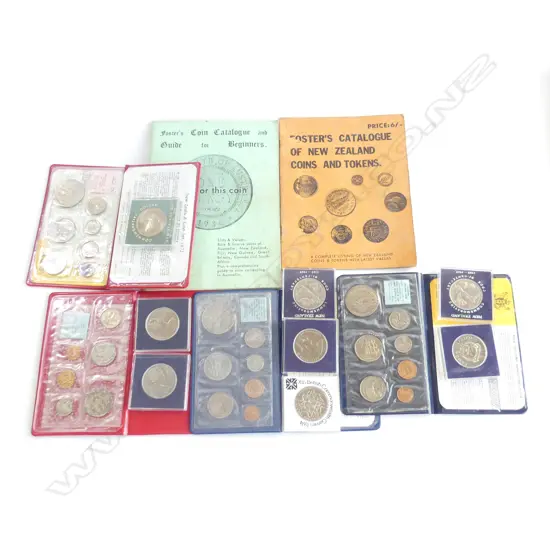 BOX 8 ASST NZ COMMEMORATIVE COINS (CASED) + 2 SPECIMEN SETS &  2 COIN ISSUE SETS + 2 FOSTERS NZ CATALOGUE GUIDES