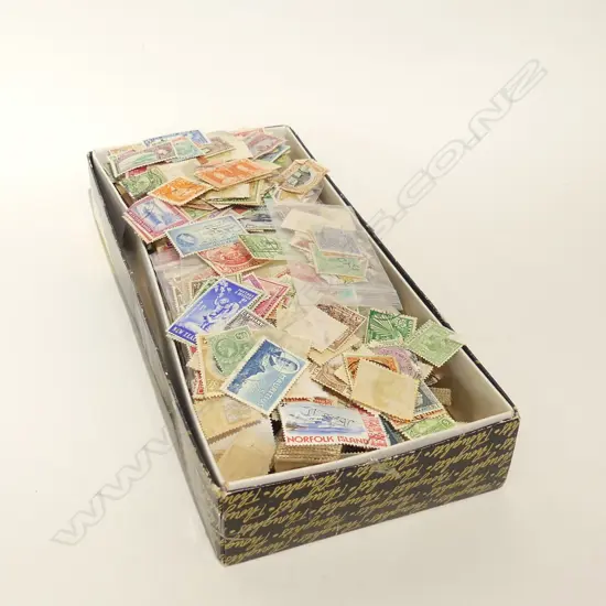 OLD CHOCOLATE BOX OF ASST OLD WORLD POSTAGE STAMPS, OVER 1000