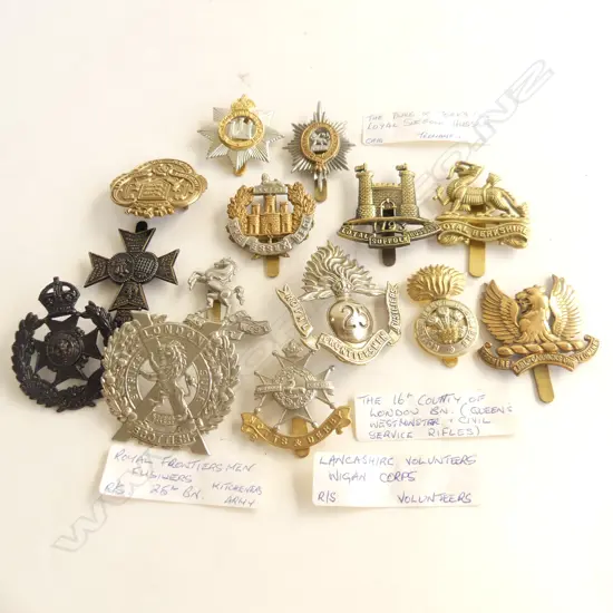 14 ASST. MILITARY BADGES; MOST UK WWI INFANTRY CAP BADGES (SOME RESTRIKE)