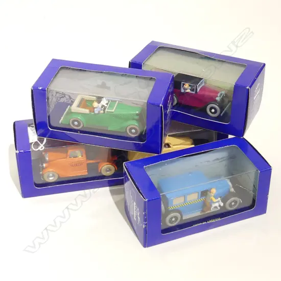 4 BOXED TIN TIN MODEL CARS; TOW TRUCK W CAR, RED CAR, BLUE CAR & GREEN CAR 