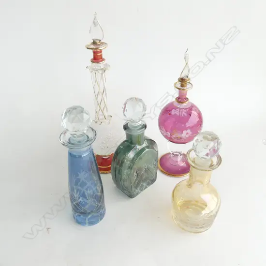 5 ASST VINTAGE COLOURED GLASS SCENT BOTTLES - TALLEST H. 235MM