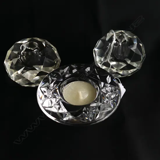 WATERFORD CRYSTAL LORALEE VOTIVE CANDLE HOLDER (IN BOX) + 2 PRISM CUT CANDLE HOLDERS (55 X 80MM)