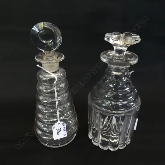 2 ANTIQUE GLASS DECANTERS, H. 230 & 200MM