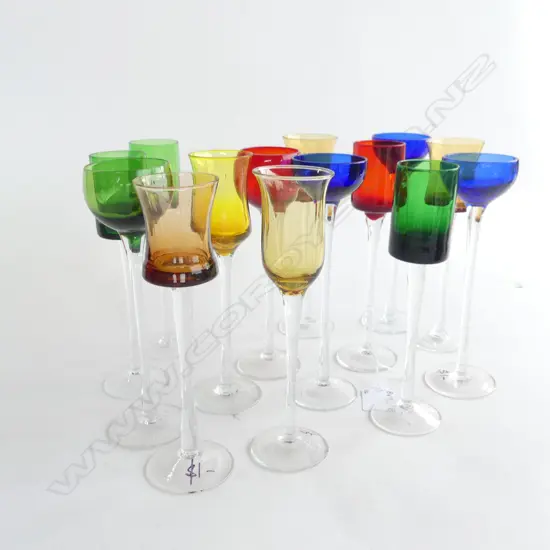 14 ASST TALL STEMMED COLOURED LIQUEUR GLASSES; RED, BLUE, GREEN & AMBER H. 180MM
